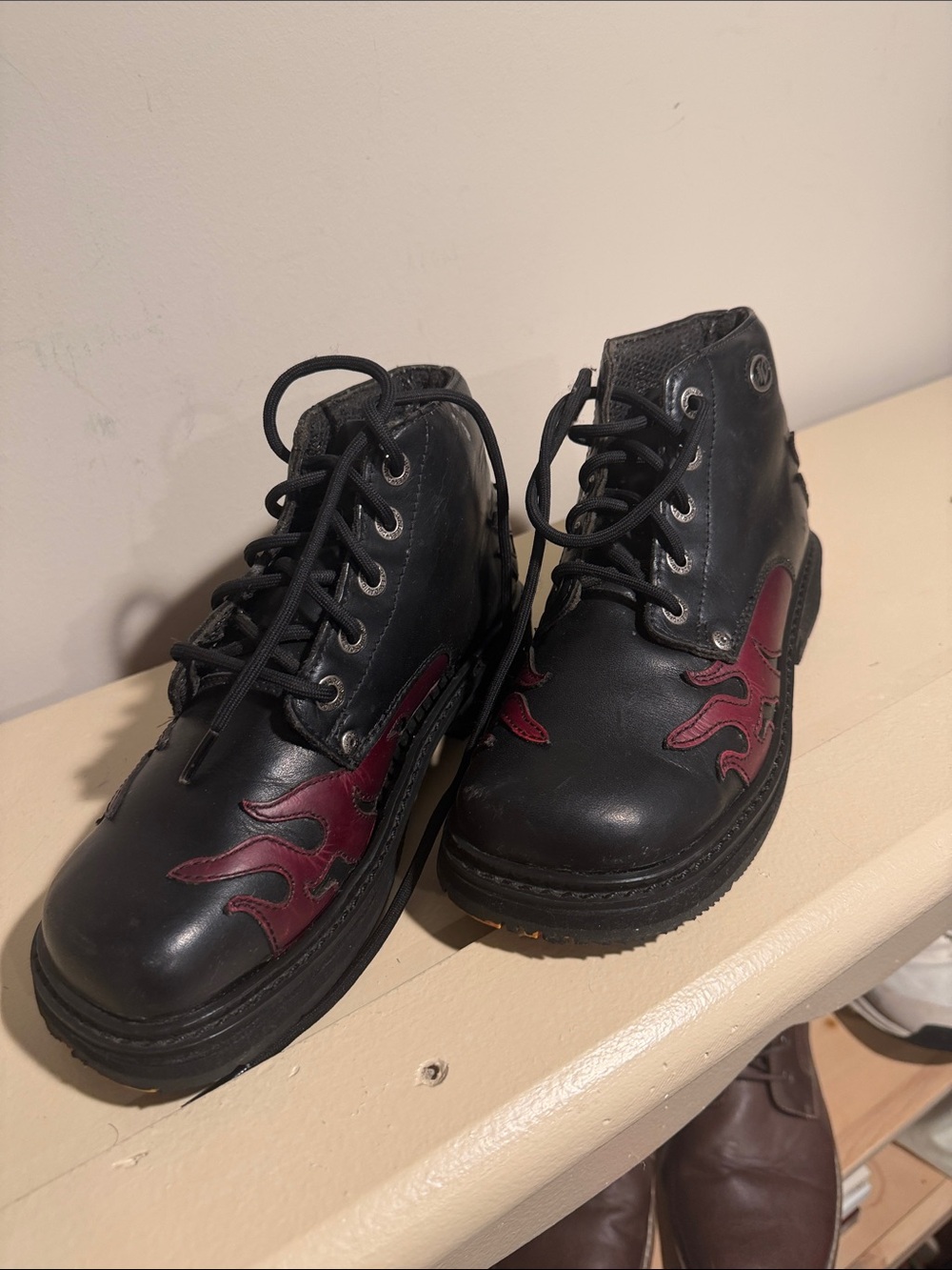 Harley-Davidson Black Ankle Boots with Burgundy Flame Accents